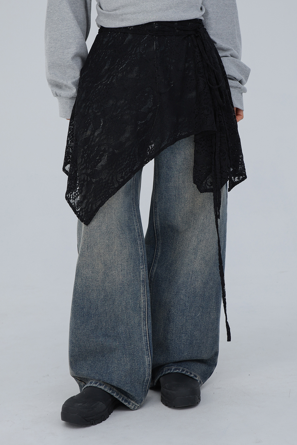 【NONCODE】Sika Lace Unbalanced Skirt NUG 00396 Black Stretch Lace American Smooth Skirt – Notably
